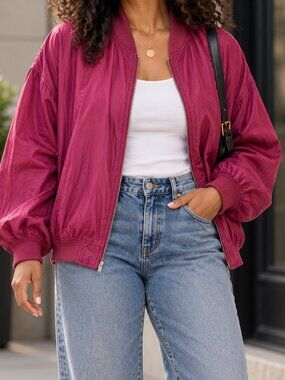 Vintage 80s Silk Bomber Jacket Burgundy XL